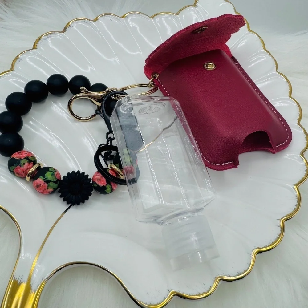 Floral Beaded Bracelet Keychain w/ Portable sanitizer Keychain